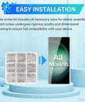 No Sweat White Screw Replacement Kit For Samsung Galaxy Phones displayed with assorted screw parts for easy installation.