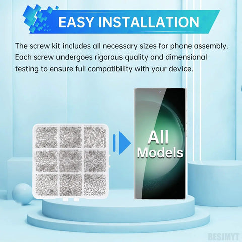 No Sweat White Screw Replacement Kit For Samsung Galaxy Phones displayed with assorted screw parts for easy installation.