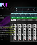 Detailed view of Six Channel Bluetooth Audio Mixer With 16 DSP Echo Effects And 7 Band EQ showcasing input panel features.
