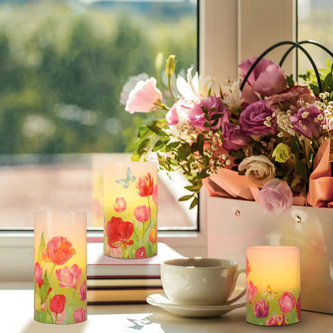 Flameless LED Candles With Remote Set Of 3 Real Wax Bunny Glass Decor for home and party ambience, floral design near window.