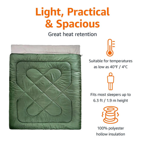 Two Person Queen Size Sleeping Bag for Camping, 40F Cold Weather, olive green with hollow fiber insulation and split design