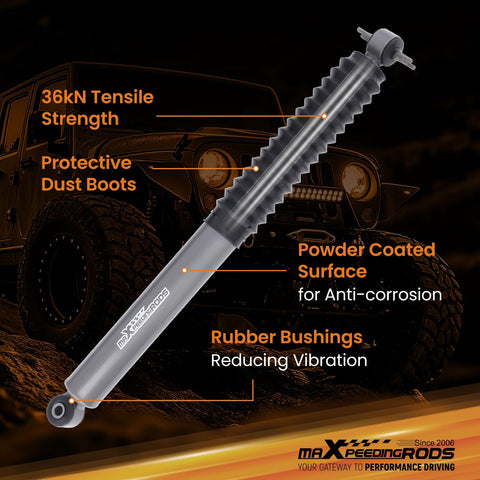 Close-up of 0-3 Inch Rear Shock Absorbers For Jeep Wrangler JK JKU 2007 2018 G1 against Jeep background