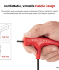 Ball End Hex T Handle Key Set With Stand 11 Piece SAE Sizes Five Sixty Fourth To Three Eighths Inch, red T-handle in hand