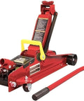 Heavy Duty Hydraulic Low Profile Floor Jack With Quick Lift Pump, 2.5 Ton Capacity, Trolley Style For Sedans, Durable Steel Construction, Single Piston Lift, Lifts From 3.33 Inches To 15 Inches, Red, shown in side view.