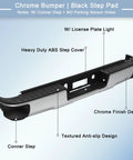 Rear chrome steel step bumper with black textured pad and license plate light for 2014–2018 Silverado/Sierra