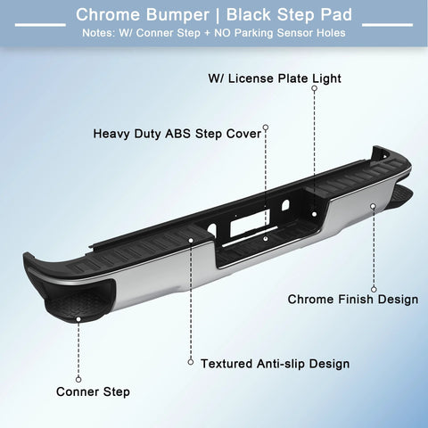 Rear chrome steel step bumper with black textured pad and license plate light for 2014–2018 Silverado/Sierra
