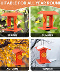 Outdoor Bird Feeder With Gift Box For Orioles, Durable HDPE Jelly Feeder With Fruit Holder And 6 Oz Glass Bowl shown in all seasons.