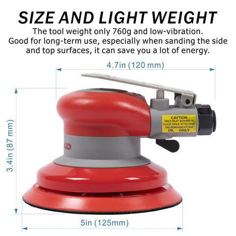 Lightweight Pneumatic Random Orbital Sander For Five Inch Palm Use Three Sixteenths Inch Orbit 12000 RPM Low Vibration