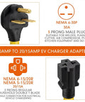 30 Amp EV Adapter Cord 6-30P To 6-20/15R Or 5-20/15R T Blade, 12 AWG, 1 Ft, 240V Male To Female Plug details