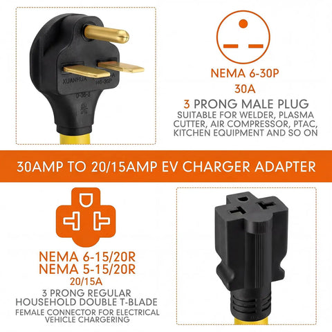 30 Amp EV Adapter Cord 6-30P To 6-20/15R Or 5-20/15R T Blade, 12 AWG, 1 Ft, 240V Male To Female Plug details