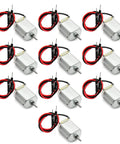 10 Pack Tiny DC Motors 1-6V Micro 130-Size Motors, arranged in two rows, showing metal body, wires, 15x20mm size, 2mm shaft.