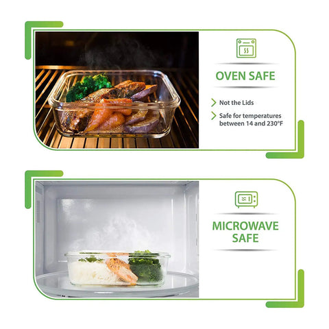 Glass Meal Prep Containers Set 5 Pack 30 Oz Each With Lids Multi Compartment Storage No Fuss Dishwasher Microwave Freezer Oven Safe Durable Clear Glass For Easy Meal Prep And Healthier Eating showing oven and microwave safe features