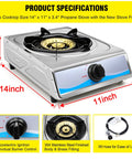 Portable Stainless Steel Single Burner Gas Stove With Auto Ignition Delivers 9800 BTU Per Hour For Quick Even Heating Lightweight LPG Cooktop For RVs Camping Apartments And Outdoor Cooking, dimensions 14x11x3.4 inches, includes hose