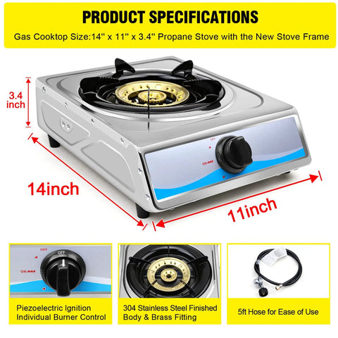 Portable Stainless Steel Single Burner Gas Stove With Auto Ignition Delivers 9800 BTU Per Hour For Quick Even Heating Lightweight LPG Cooktop For RVs Camping Apartments And Outdoor Cooking, dimensions 14x11x3.4 inches, includes hose