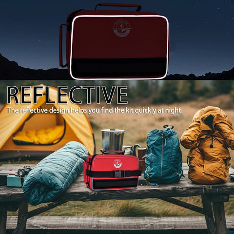 Front view of red Falcon Rescue 418-piece first aid kit with reflective trim and handle