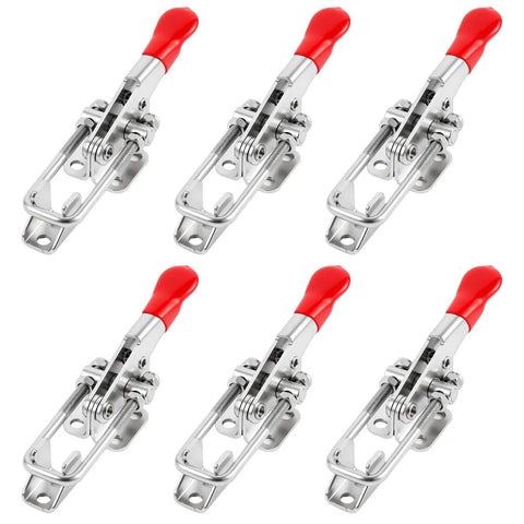 Heavy Duty 6pcs Stainless Steel Toggle Latch Clamps For Doors And Trailer Hatches Locking Hooks With Rust Proof Silver Finish, six clamps with red handles.