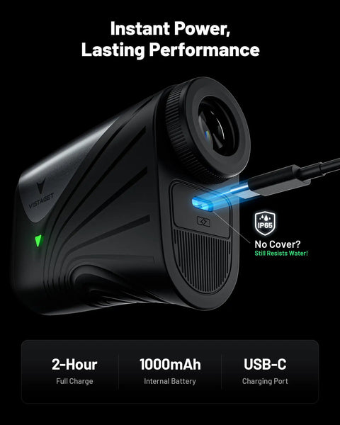Golvia Ultra Range Finder With Optical Image Stabilization and Tournament Legal Slope Switch with USB-C power shown charging.