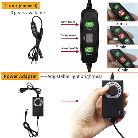 Pro Grade UV Resin Curing Light Kit With Box And Timer showing timer and power adapter controls with 3/5/10 min settings