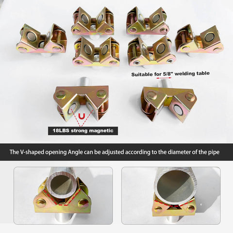 Magnetic V Block Fixture Pin for Welding Tables Adjustable Pipe Holder Clamp with heavy duty magnets and anti-slip V opening.