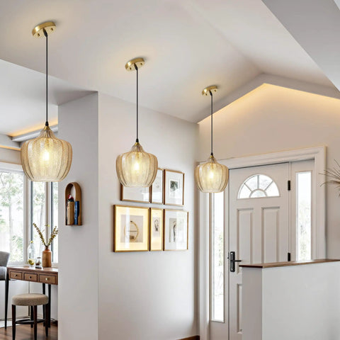 Top Shelf Amber Glass Pendant Light With Vintage Gold Trim For Kitchen Island And Dining Area Height Adjustable Cord Fits Dimmable E26 Bulbs Total Game Changer For Your Daily Glow Up, hanging in a modern entryway.
