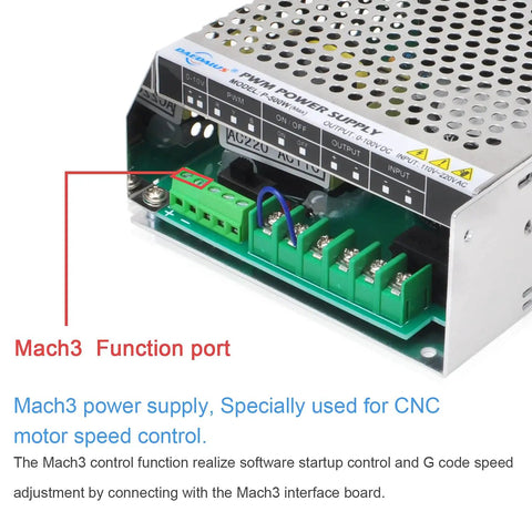 Front view of 0 To 100V DC PWM Power Supply for 500W brushed spindle motor with 6A output, showing MACH3 function port.