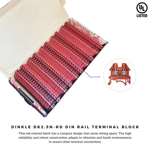 Pack of 100 DIN Rail Terminal Block Screw Type DK2.5N-RD Red, UL 600V 20A 12-22AWG, displayed in open box with red housing.