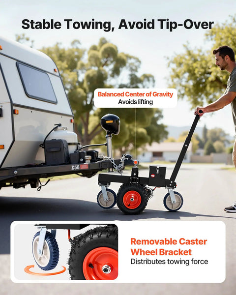VEVOR Electric Trailer Dolly Moves 3600 Lbs With Ease, showing balanced towing with removable caster wheel bracket.