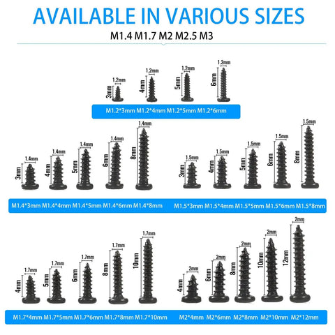 Chart showing sizes of screws in 1100Pcs Laptop And Notebook Screws Kit With 24 Types Round Pan Head Tapping Screws M1.2 to M3