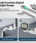 Digital Height Gauge Pro Grade with 0.01mm resolution, 0.02mm tolerance, 12 inch range showcased with measurement options