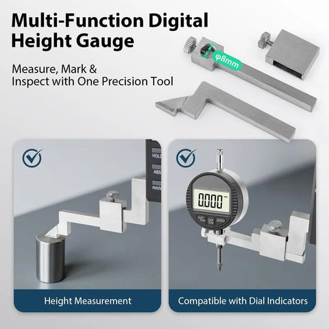 Digital Height Gauge Pro Grade with 0.01mm resolution, 0.02mm tolerance, 12 inch range showcased with measurement options