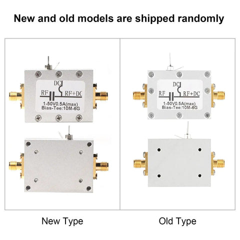 Two Pack Broadband Bias Tee Module 10 MHz To 6 GHz RF Microwave Coaxial Bias For Low Noise Amplifier Applications With Leakage Prevention And DC Isolation shown with new and old models