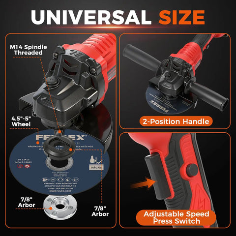 Badass Brushless Cordless Angle Grinder 5 Inch Battery Powered Heavy Duty Cutting Tool with adjustable speed and 2-position handle.