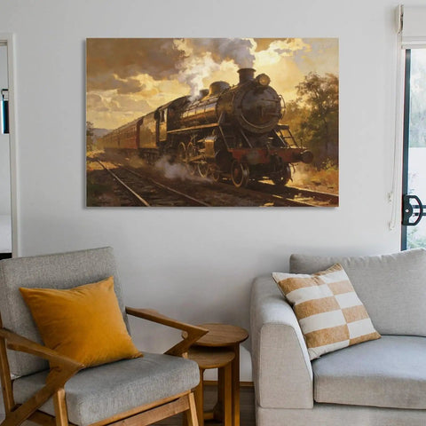 Framed Vintage Steam Train Wall Art Canvas Print for Living Room, Office, and Bedroom Decor, Classic Locomotive Railway Picture in 8 By 12 Inch Size, Rustic Cozy Home Vibe.