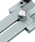 Close-up of Extended Thin Ripping Jig for Woodworking Tools with aluminum guide and measurement markings
