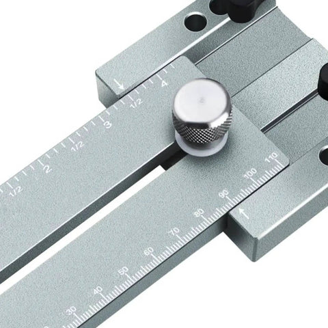 Close-up of Extended Thin Ripping Jig for Woodworking Tools with aluminum guide and measurement markings