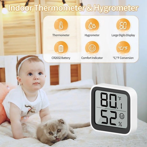 Must Have Indoor Thermometer Humidity Meter With Mini Hygrometer, Easy Room Temperature Monitor With Face Comfort Indicator, Celsius Fahrenheit Switch, Ideal For Baby Rooms, Greenhouses, Offices, And Living Rooms. White 46x50x12mm digital display in baby room