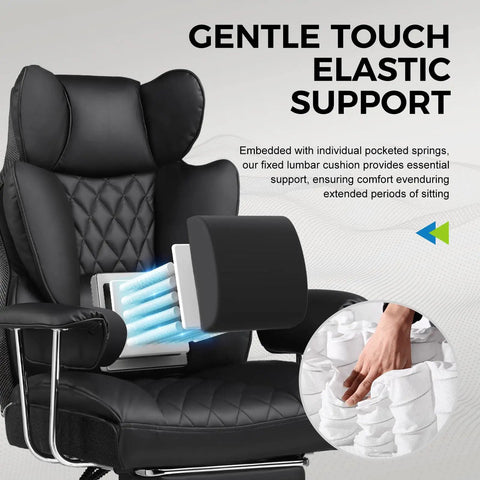 Gaming Chair With Pocket Spring Lumbar Support For All Day Comfort, Ergonomic Wide Office Chair With PU Leather Black