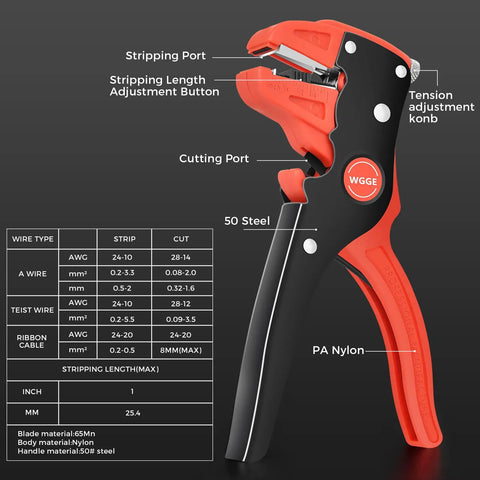 Two In One Wire Stripper And Cutter For 10-24 AWG Cables Adjustable With Auto Return Spring DIY Friendly, front view.