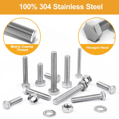 408-piece stainless steel bolt and nut assortment kit with hex heads and washers
