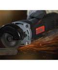Three Inch Electric Cutoff Tool With Six Amp Motor cutting metal with sparks flying, high speed up to 20k RPM, heavy duty metal cutter.