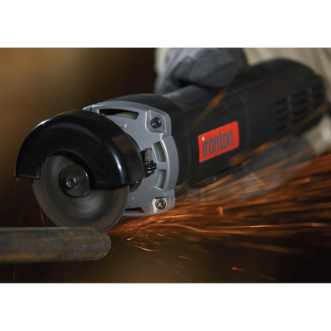 Three Inch Electric Cutoff Tool With Six Amp Motor cutting metal with sparks flying, high speed up to 20k RPM, heavy duty metal cutter.