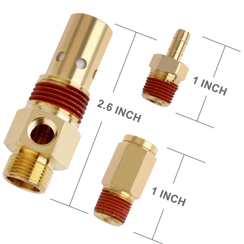 Brass air compressor check valve kit with 1/2 in MNPT fittings, includes three unloader tube adapters, 4-piece set