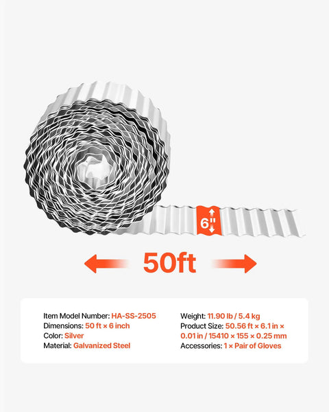 Heavy Duty Galvanized Steel Landscape Edging 50 Ft By 6 In Flexible Metal Border with specs and included gloves shown
