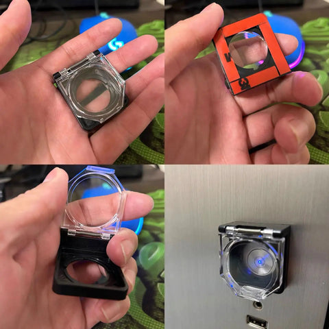 Push Button Switch Cover Dustproof Safety Protector for 22mm Switches on Computers and PC Desktops, shown installed and open