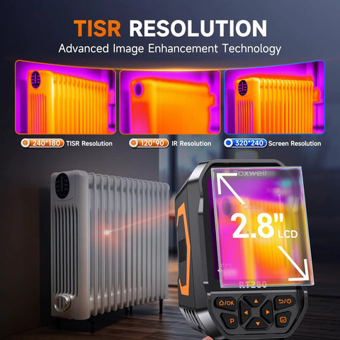 RT280 Thermal Imaging Cam With 320 By 240 LCD Screen TISR Enhanced Resolution From 120 By 90 To 240 By 180 25 Hz shown near a radiator.