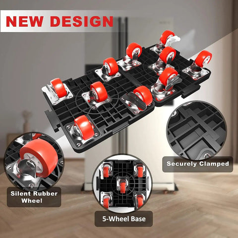 Heavy Furniture Lifter Mover Dolly Set With 360 Degree Rotation Five Wheel Dollies shown with red wheels on black base.