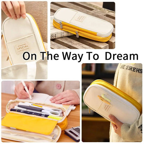 Ultra Large Capacity Pencil Case For School And Office Fits Up To 50 Pens Or 90 Pencils Two Tier Mesh Pocket Organizer Wide Opening Pouch Bright Yellow Orange Color