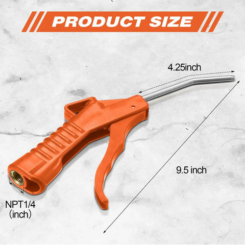 Heavy Duty 2 Pack Air Blow Gun Set With Ergonomic Pistol Grip And Solid Iron Barrel Reliable Compressor Nozzle For Daily Grind Cleanups Dust Blasting And Mechanic Detailing In Bright Orange, measuring 9.5 inches.