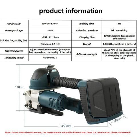 Product size and specifications for Portable Electric Strapping Machine Kit With Hot Melt Welding Action For Effortless PP PET Strap Sealing On Cartons And Pallets A Slick Plug And Play Baler For Daily Warehouse Grind.