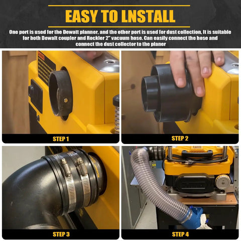 Dust Gets Routed Fast With This Badass Planer Vacuum Adapter Replacement Compatible With Dewalt Dw735 Units For A Tight As A Drum Hookup That Keeps Your Workspace Clean And Makes Woodworking A Breeze, showing installation steps.